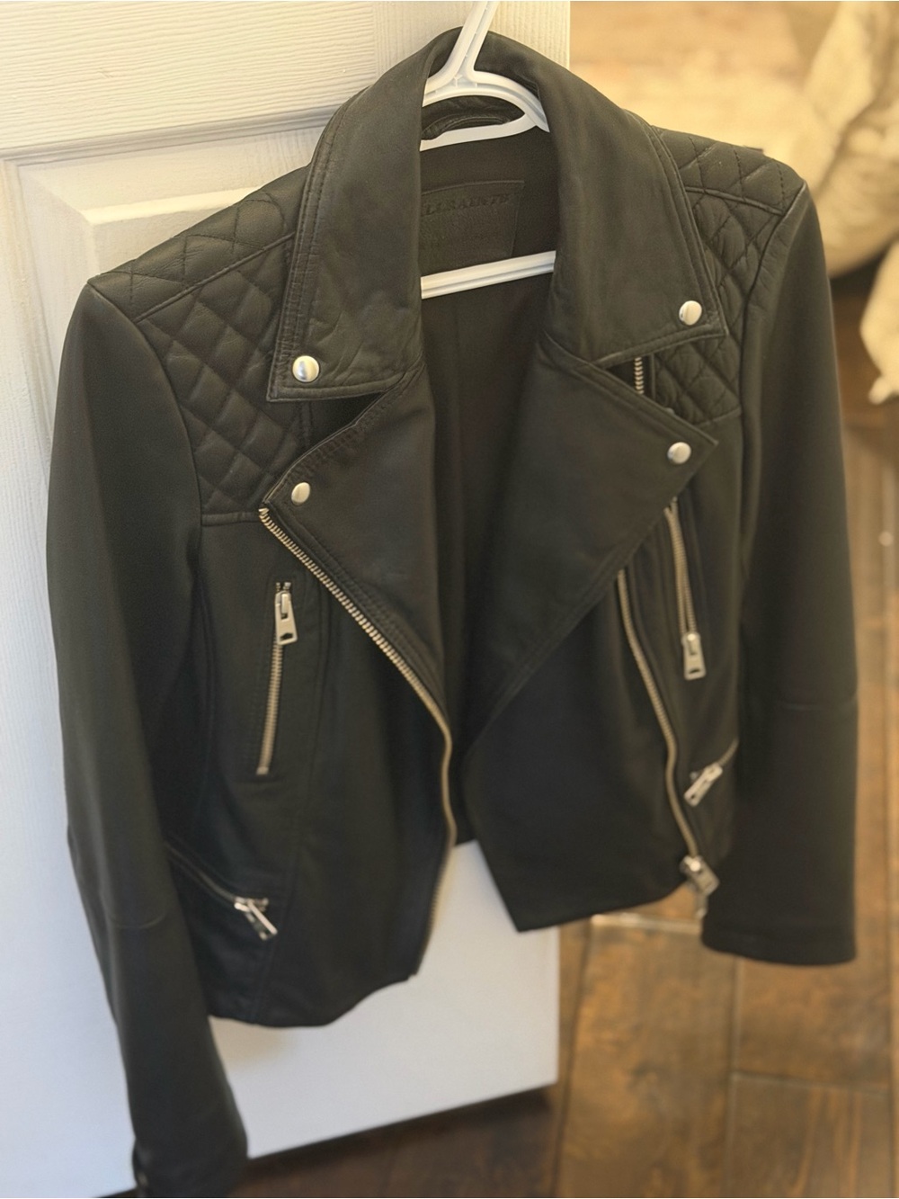 AllSaints Black Quilted-Shoulder Leather Moto Jacket